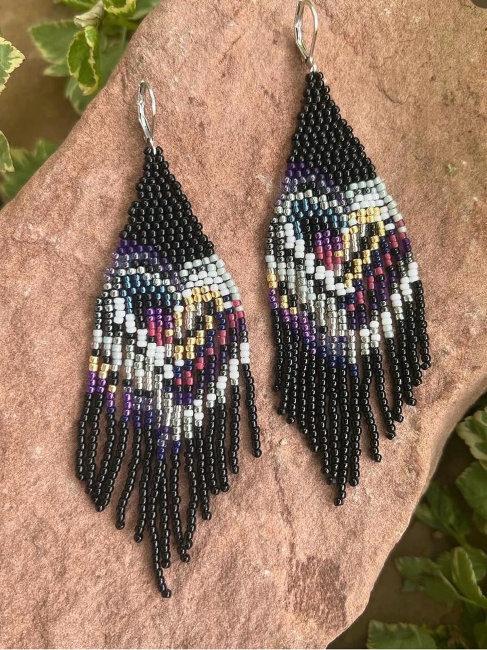 Black Beaded Fringe Earrings with Multicolor Heart Motif